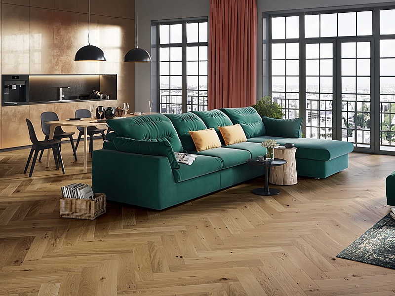 Toffee Herringbone Oak, drevená podlaha Barlinek